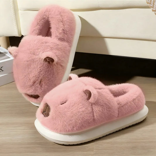 S7 star winter warm 3d capybara cartoon furry women slippers plush thick furry ankle wrap men lady couple home cotton shoes,non-slip flat shoes,various colors
