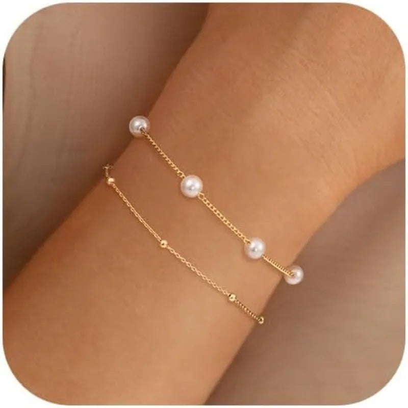 Gold Pearl Bracelets for Women, Waterproof 14K Gold Plated STAINLESS STEEL Dainty Pearls Beaded Link Chain Charm Bracelets Gifts