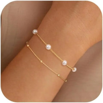 Gold Pearl Bracelets for Women, Waterproof 14K Gold Plated STAINLESS STEEL Dainty Pearls Beaded Link Chain Charm Bracelets Gifts